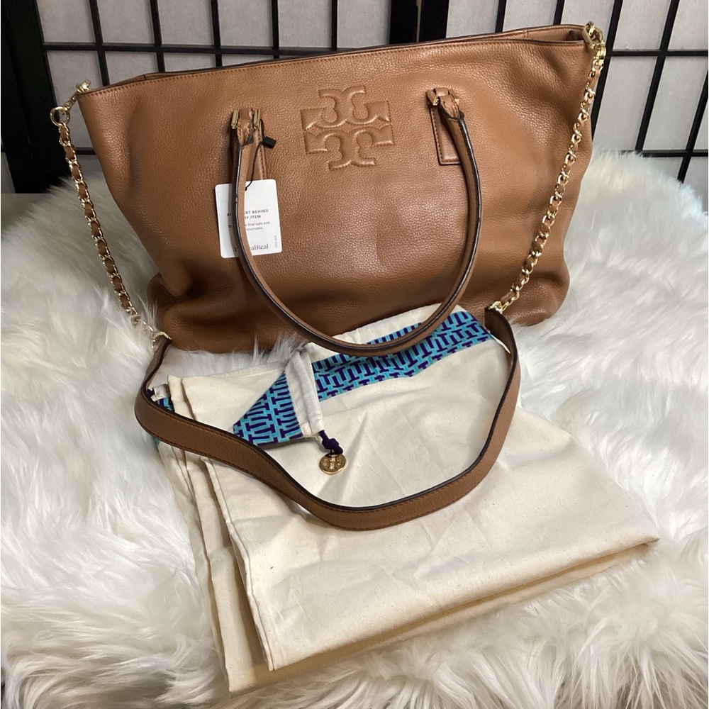 Tory Burch, Tan Zippered Large Leather Tote With Gold Hardware